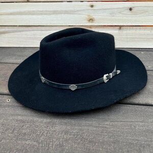 Vintage Black Wool Harley Davidson Cowboy Hat w/ Leather Strap Silver Buckle USA